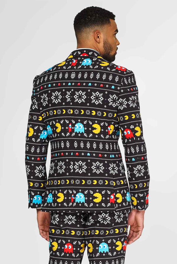 Pac-Man-Anzug mit Weihnachtsthema vom Mann getragen, Blick von hinten