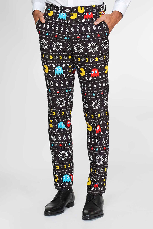 Pac-Man-Hose mit Weihnachtsthema vom Mann getragen, teil von anzug