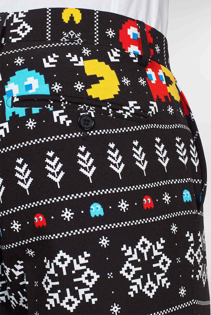 Pac-Man-Anzughose mit Weihnachtsthema Nahaufnahme