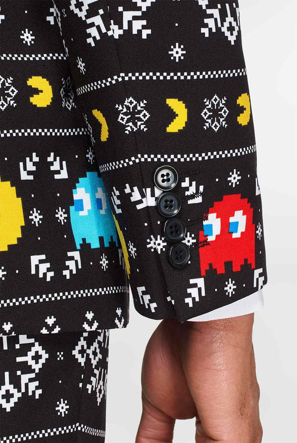 Pac-Man-Anzug mit Weihnachtsthema-Ärmel von Manner getragen, Nahaufnahme Ärmel