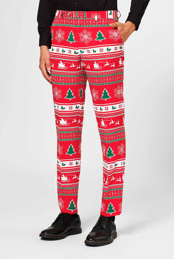 Mann trägt roten Weihnachts Hose und schwarzes Hemd, teil von anzug