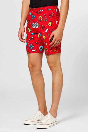Mann, der roten Weihnachts -Sommeranzug mit Weihnachtdruck trägt, Nahaufnahme von Hosen