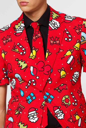 Mann, der roten Weihnachts -Sommeranzug mit Weihnachtdruck trägt, Nahaufnahme Jacke und Krawatte