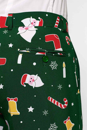 Mann, der einen grünen Weihnachtssommeranzug trägt, bestehend aus Shorts, Jacke und Krawatte, Nahaufnahme von Hosen