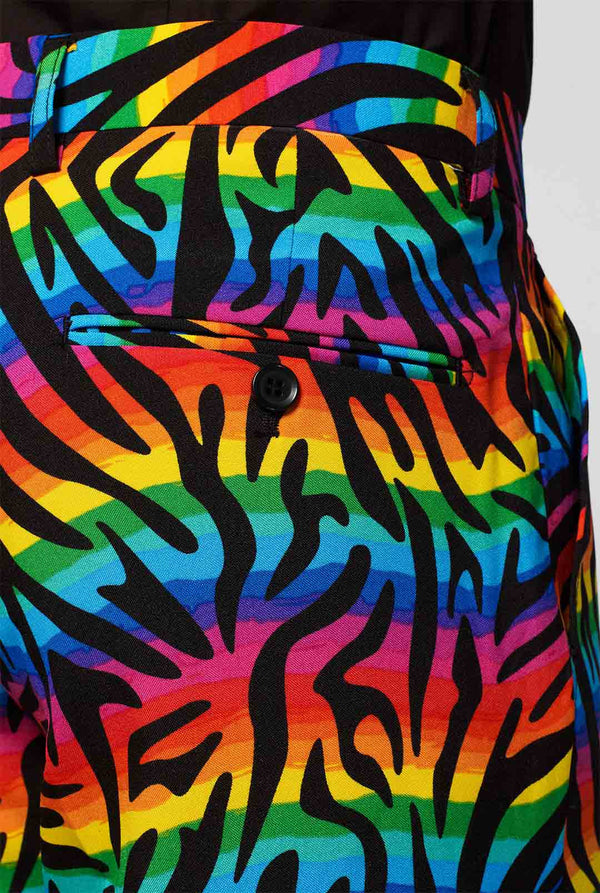 Mann, der Sommeranzug mit Regenbogen -Zebra -Streifen trägt, Nahaufnahme Hosen