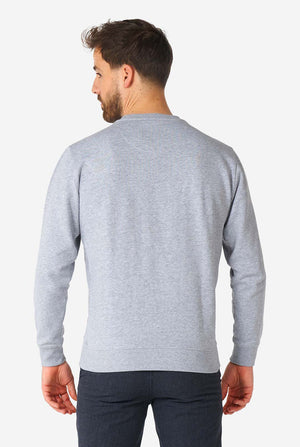 Mann, der grauen Pullover mit Chenille Rock, Papier, Schere trägt, Blick von hinten