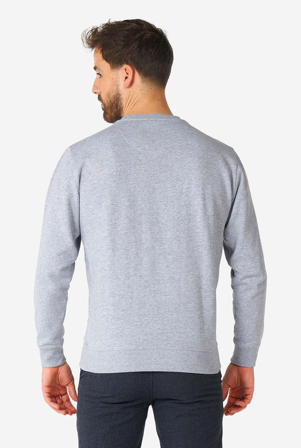 Mann, der grauen Pullover mit Chenille Rock, Papier, Schere trägt, Blick von hinten