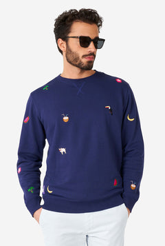 Mann, der blauen Pullover mit Sommer -Ikonen trägt