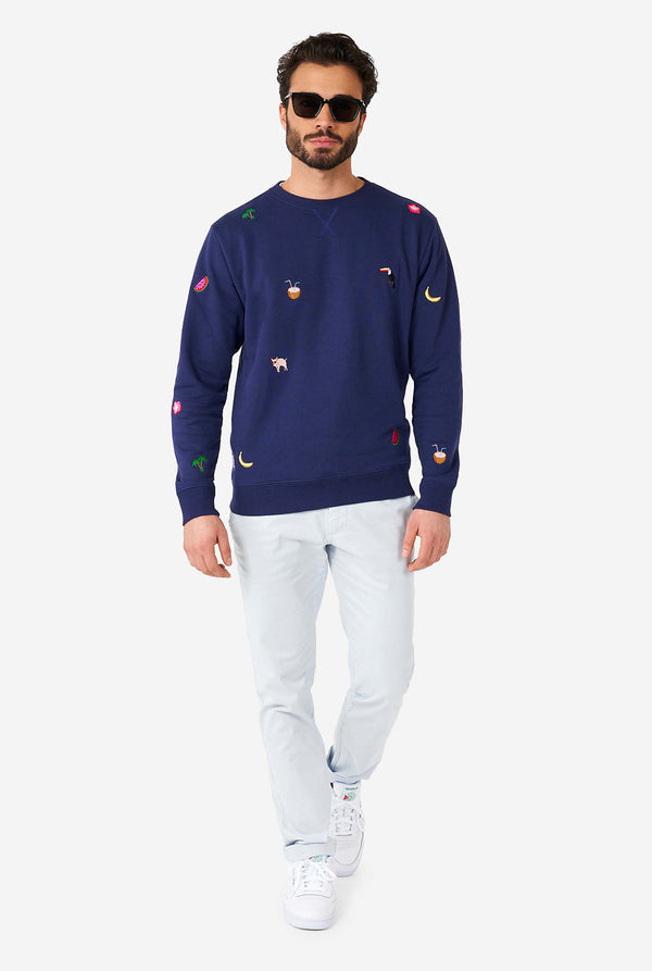 Mann, der blauen Pullover mit Sommer -Ikonen trägt
