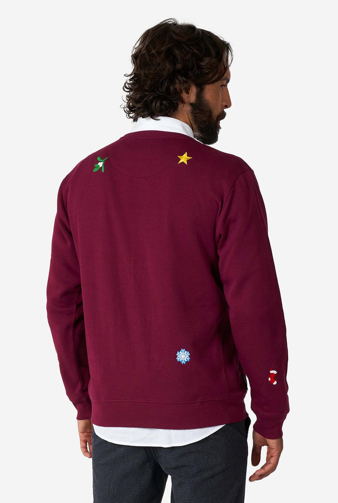 Mann, der burgunderrote rote Weihnachtspullover mit Weihnachtselikonen trägt, Blick von hinten