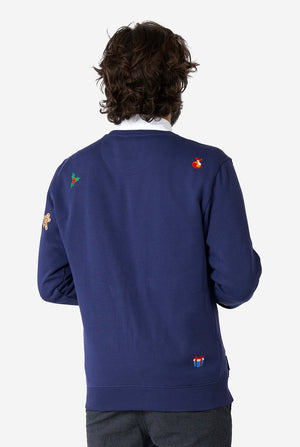 Mann, der blauen Weihnachtspullover mit Weihnachtselikonen trägt, Blick von hinten