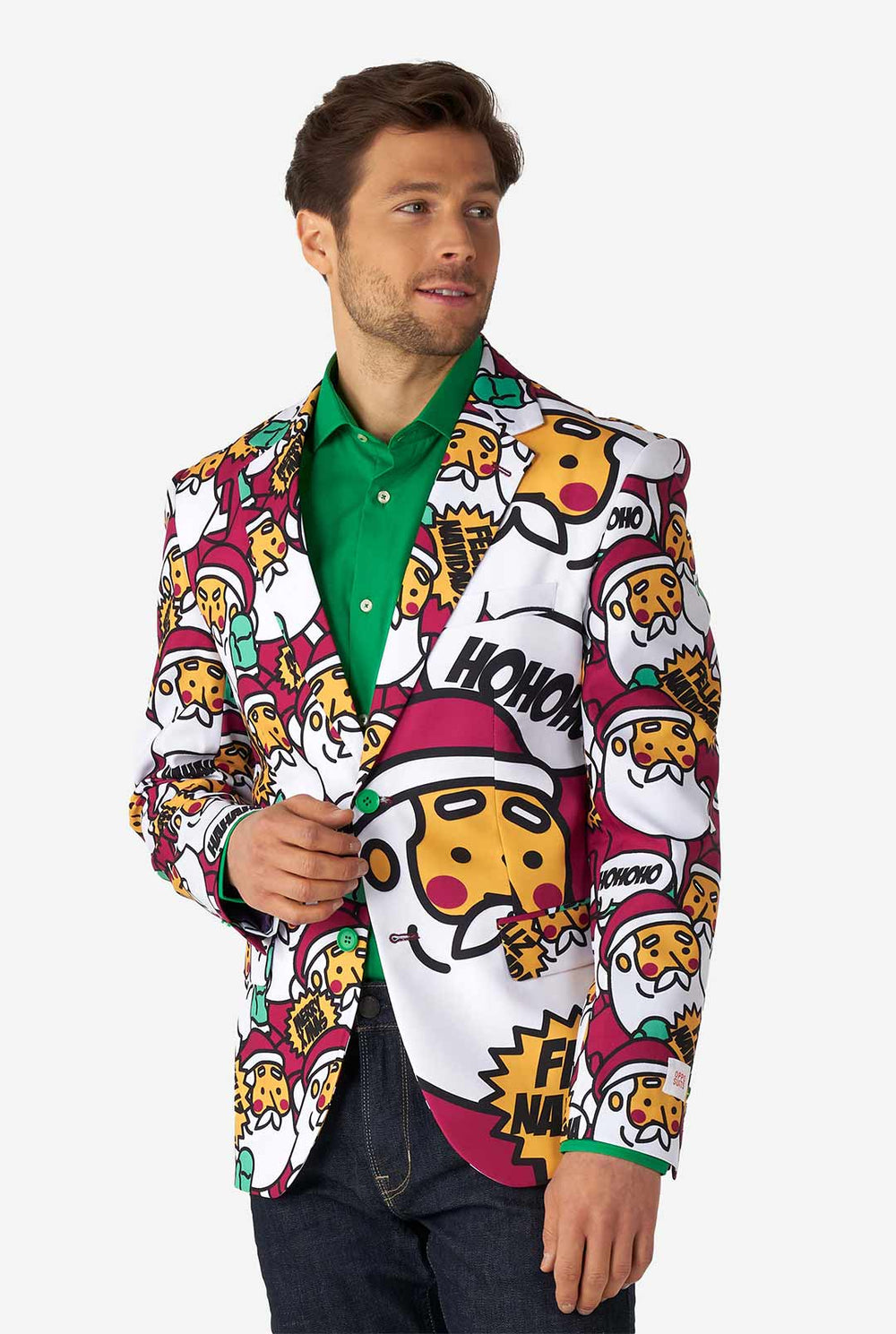Mann, der Weihnachtsblazer mit Santa Print trägt