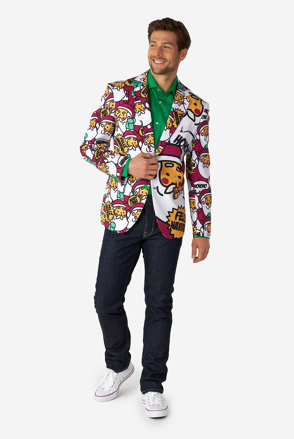 Mann, der Weihnachtsblazer mit Santa Print trägt