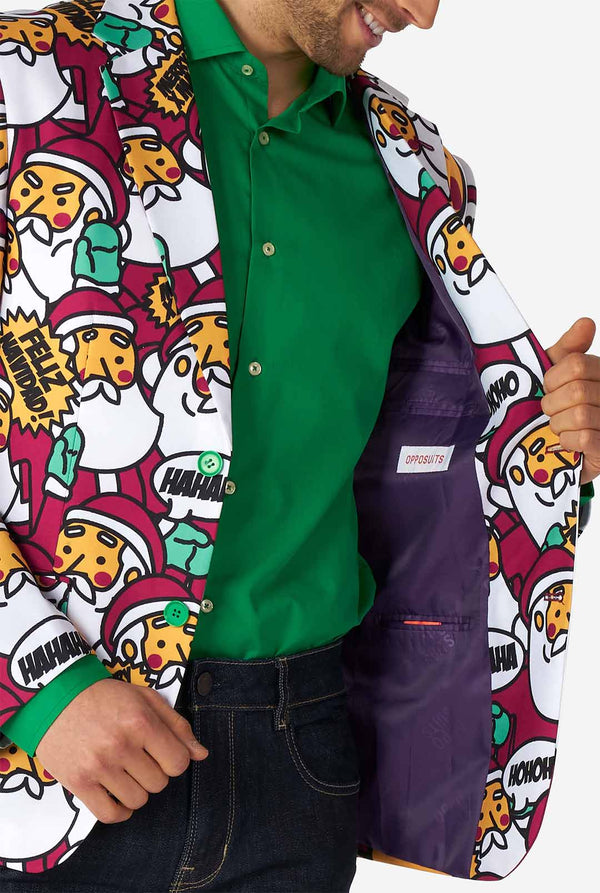 Mann, der Weihnachtsblazer mit Santa Print trägt