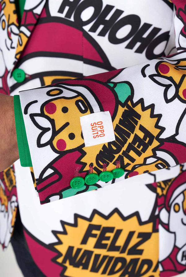 Mann, der Weihnachtsblazer mit Weihnachtsmann, Nahaufnahme trägt