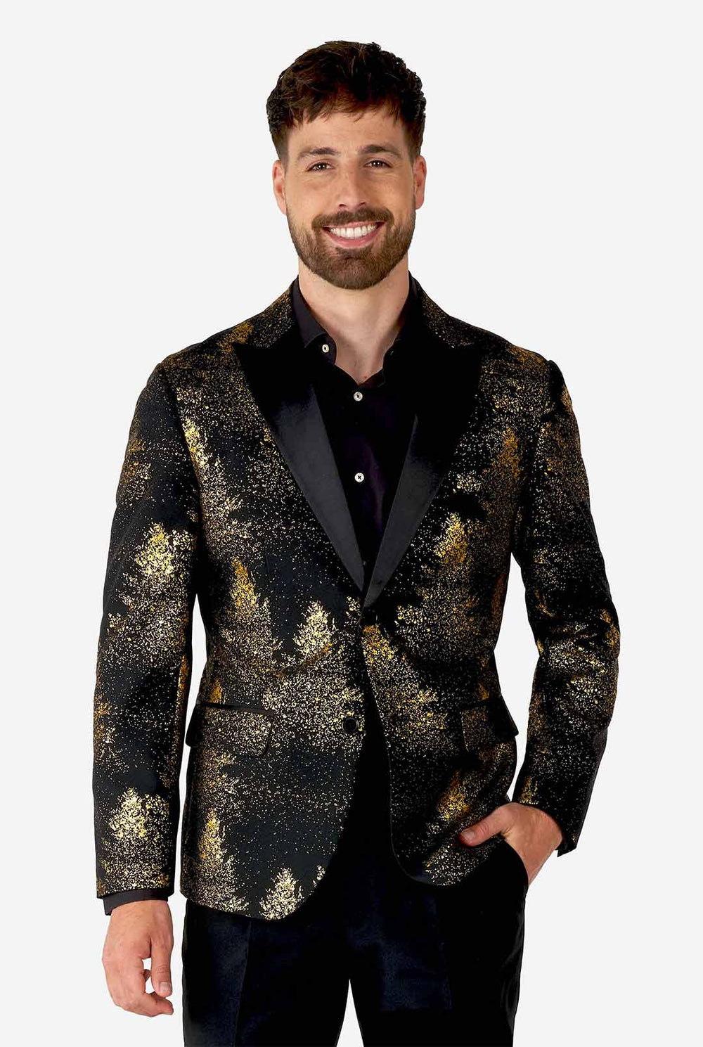 Mann trägt einen schwarzen Blazer mit goldenem Weihnachtsbaumdruck