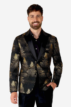 Mann trägt einen schwarzen Blazer mit goldenem Weihnachtsbaumdruck
