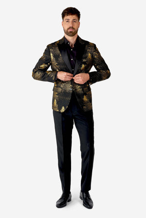 Mann trägt einen schwarzen Blazer mit goldenem Weihnachtsbaumdruck