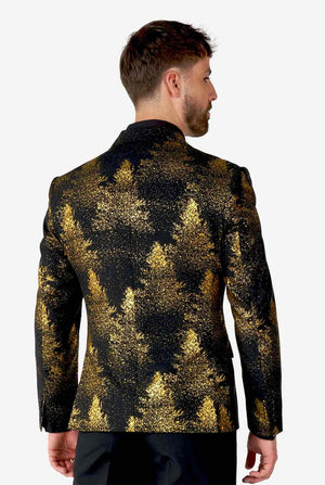 Mann, der schwarzen Blazer mit goldenem Weihnachtsbaumdruck trägt, Blick von hinten