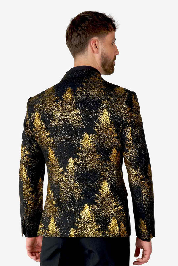 Mann, der schwarzen Blazer mit goldenem Weihnachtsbaumdruck trägt, Blick von hinten