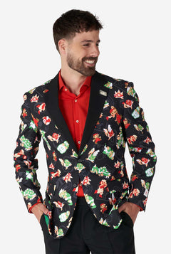 Mann, der schwarzen Blazer mit Retro Super Mario -Charakteren trägt