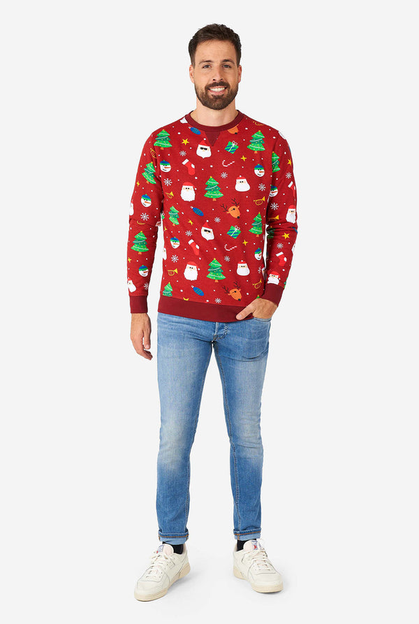 Mann, der roten Weihnachtspullover mit Weihnachtselikonen trägt