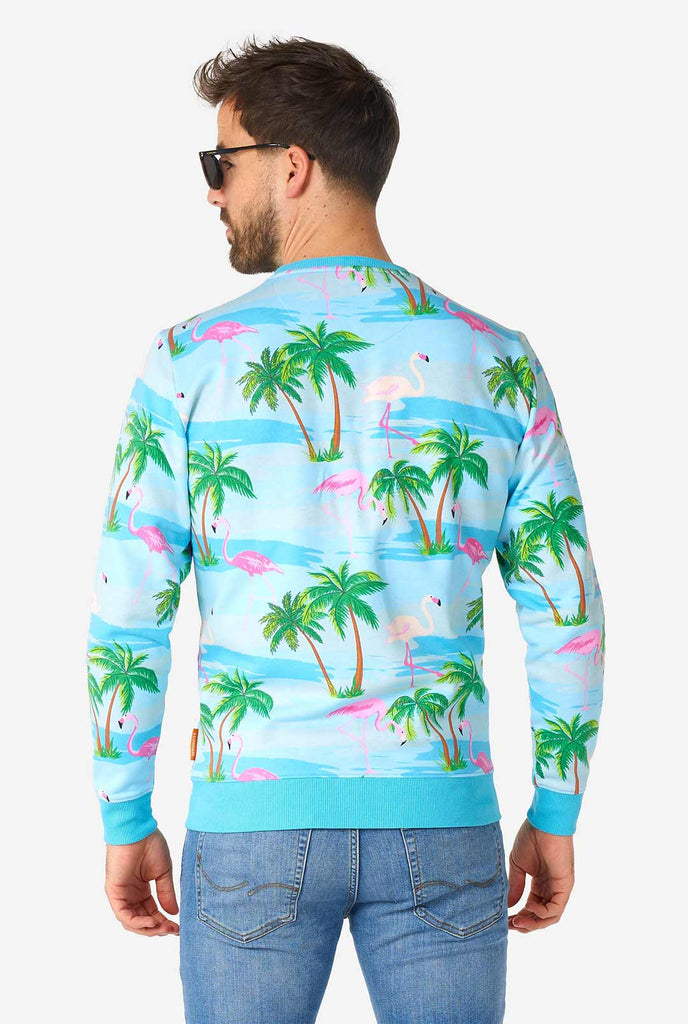Mann, der einen blauen Pullover mit tropischem Flamingo -Druck trägt, Blick von hinten