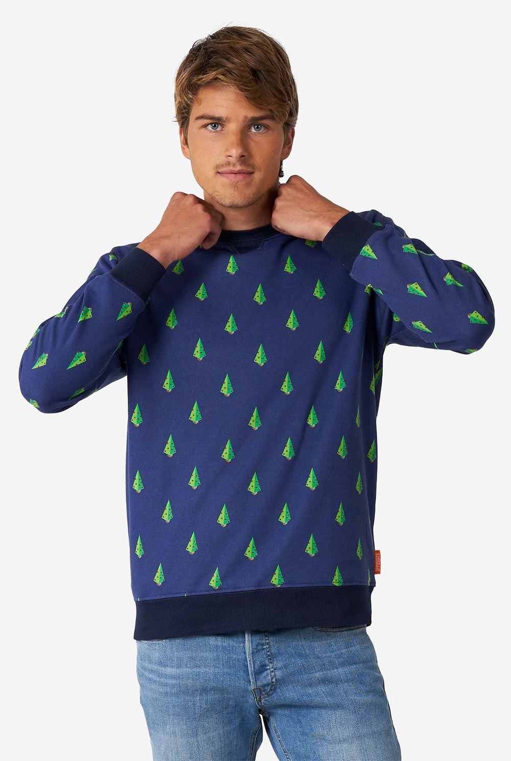 Mann, der blauen Weihnachtspullover mit Weihnachtsbaumabdruck trägt