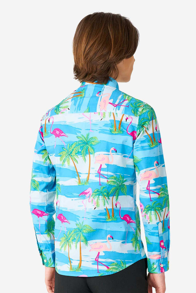 Teenager Jungen, trägt hawaiianisches Hemd mit tropischem Flamingo Ikonen, Blick von hinten