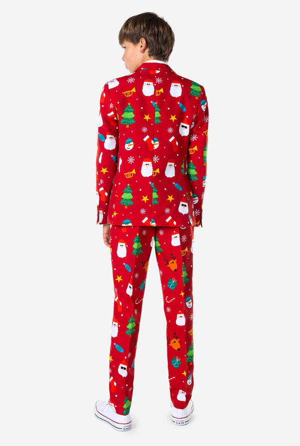 Teenager, der einen formellen roten Weihnachtsanzug trägt, Blick von hinten