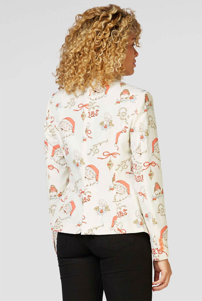 Frau, die Retro cremefarbene Weihnachtsblazer trägt, Blick von hinten