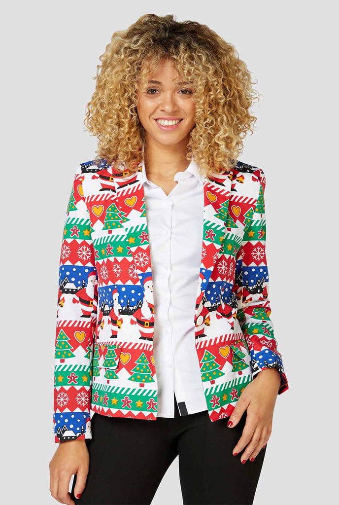 Multi -Color Funny Christmas Print Blazer, die von einer Frau getragen wurde