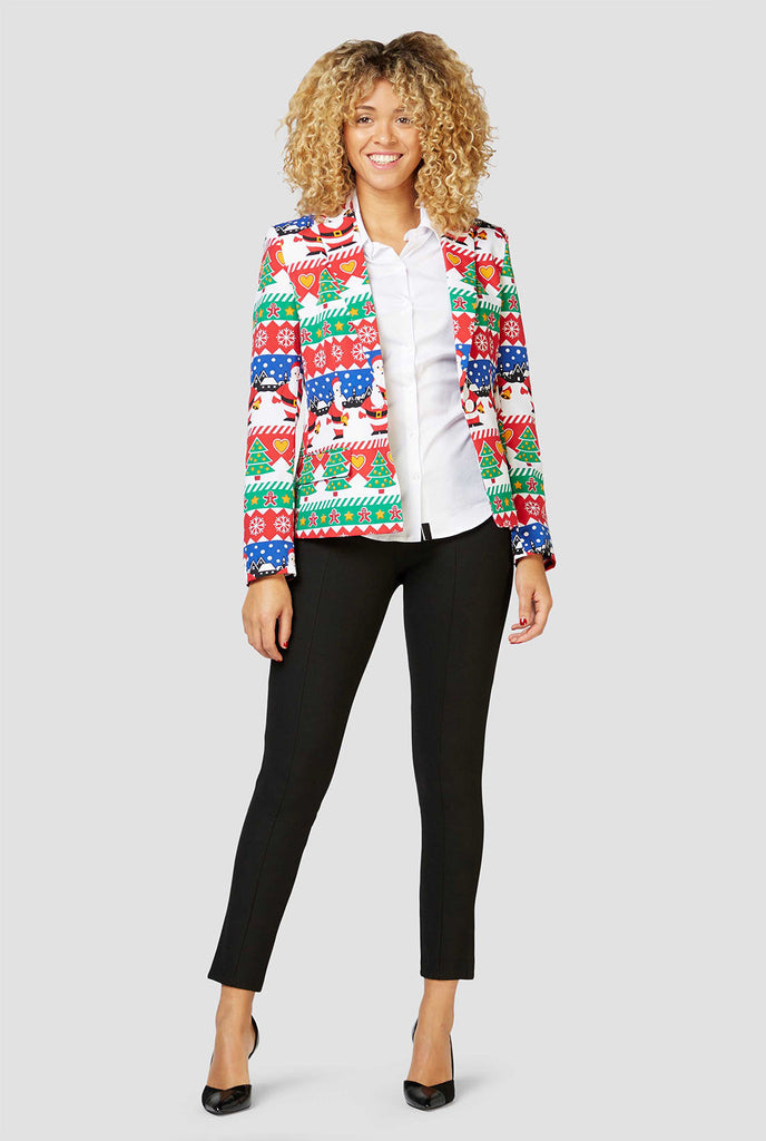 Multi -Farbe Lustige Weihnachtsprotokolle Blazer, getragen von einer Frau