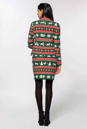 Frau, die einen grünen und roten Weihnachtsanzug trägt, Blick von hinten