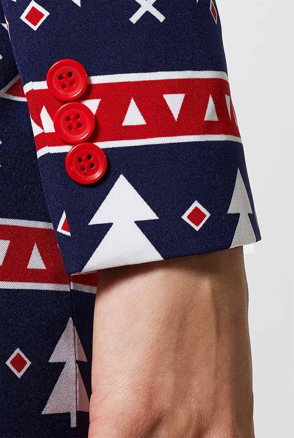 Blauer und rotes nordischer Weihnachtsanzug von Frauen, der von Frau getragen wurde, zoomte im Ärmel ein