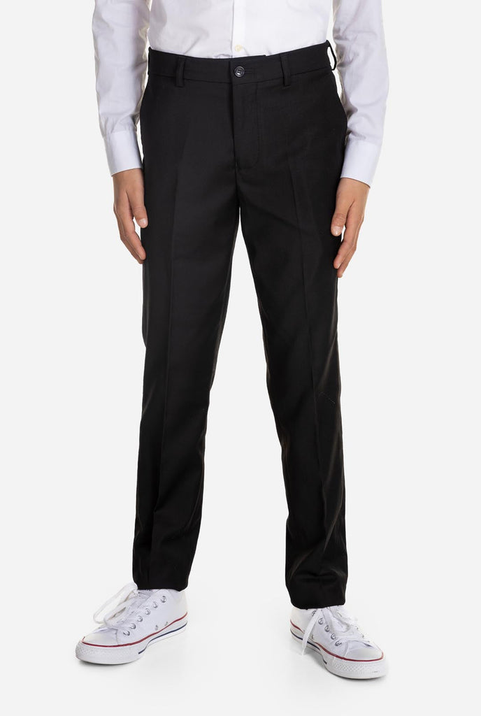 Teen wearing OppoSuits Daily Black teen boys suit, pants view