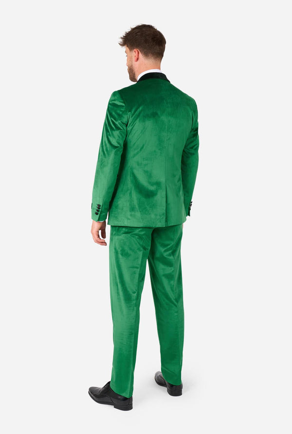 Mann trägt zum St. Patrick's Day einen grünen Samt-Smoking, Ansicht von hinten