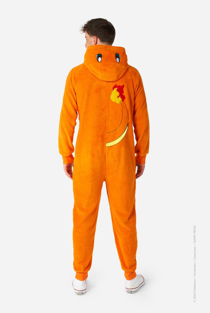 Man wearing Pokemon Charmander Unisex onesie, view from the back