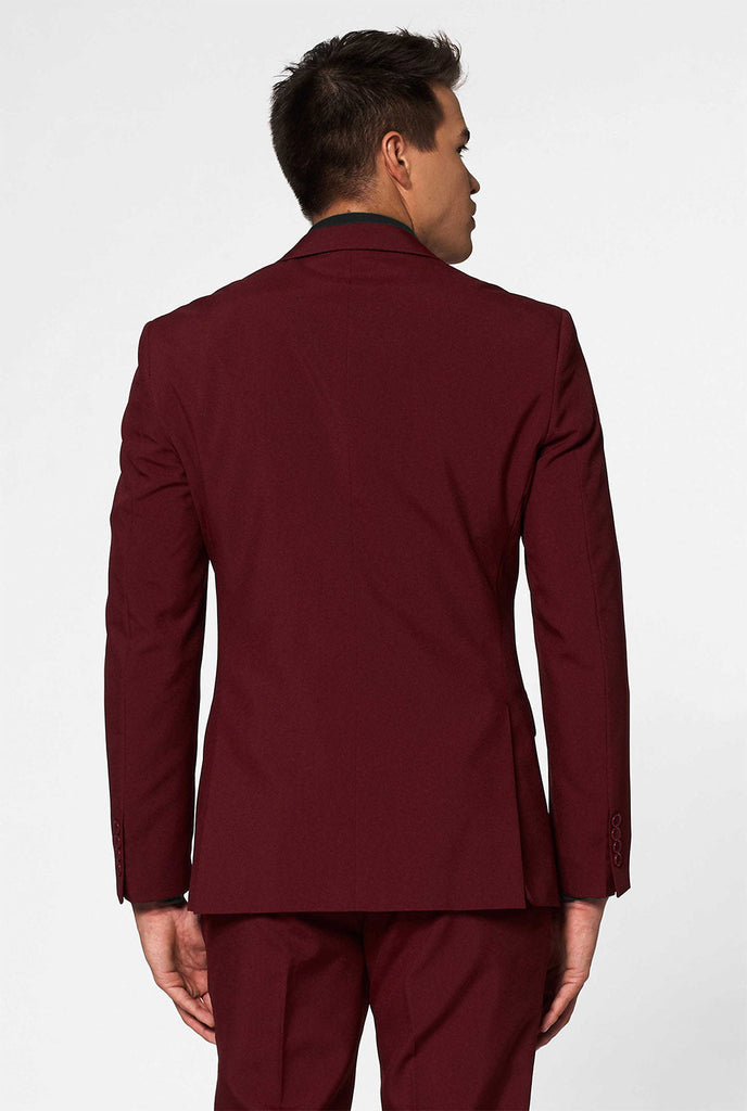 Burgunder Red Solid Color Herrenanzug loderner Burgunder, getragen von Männern Rückseite Jacke