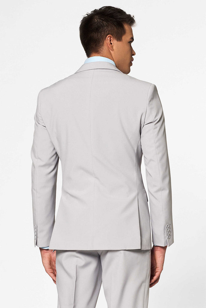 Feste Farbe hellgrauer Anzug Groovy Grey, getragen von Männern, Blick auf hinten