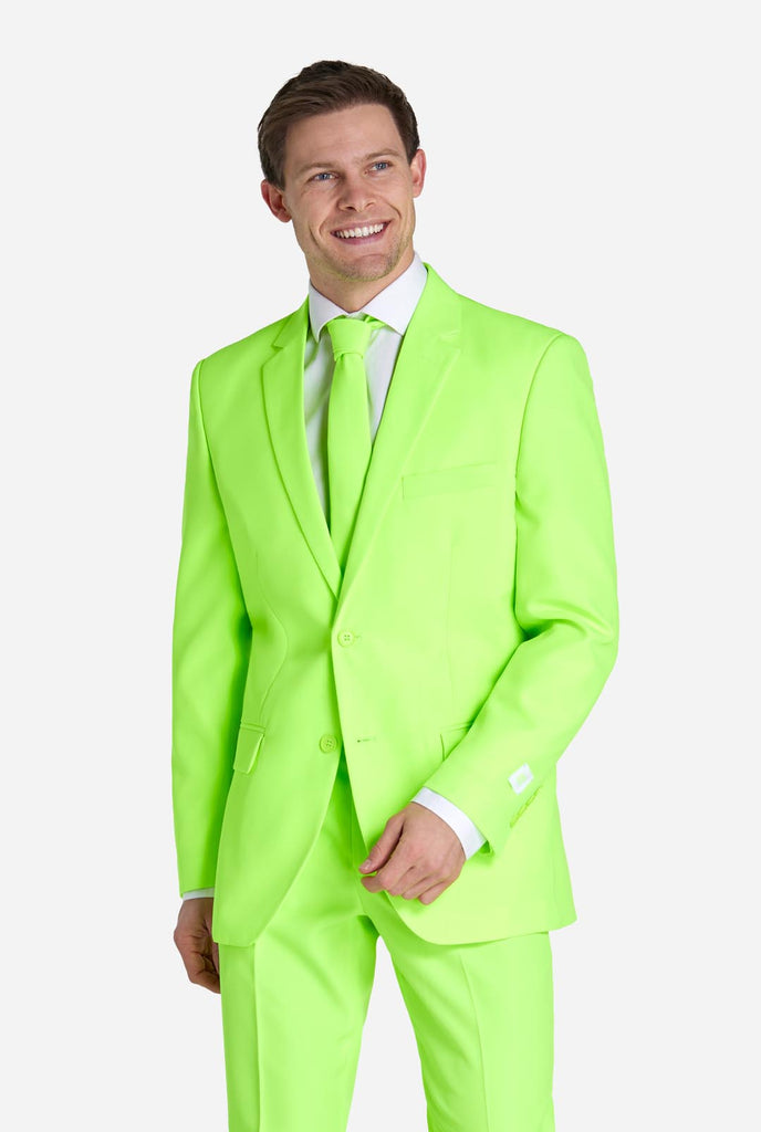 Man wearing neon lime green colored suit